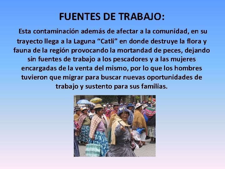 FUENTES DE TRABAJO: Esta contaminación además de afectar a la comunidad, en su trayecto