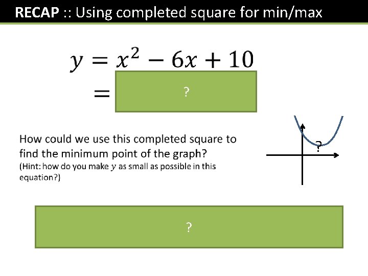  RECAP : : Using completed square for min/max ? ? ? 