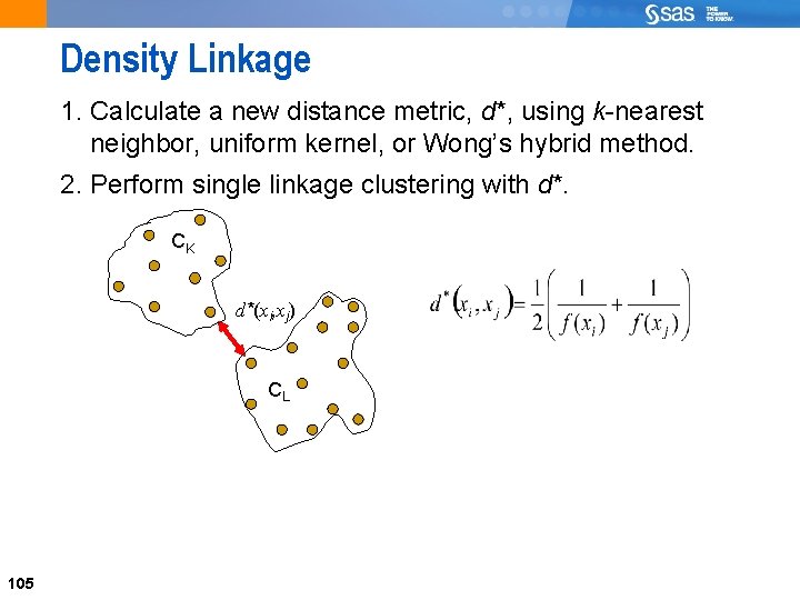 105 Density Linkage 1. Calculate a new distance metric, d*, using k-nearest neighbor, uniform