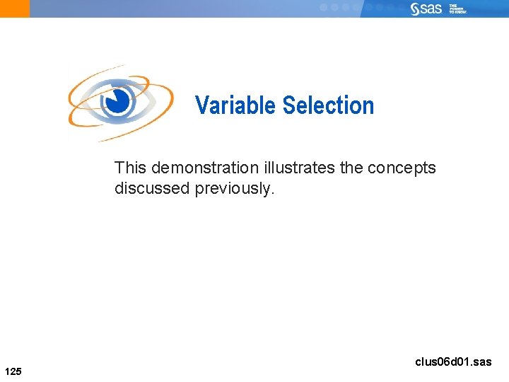 Variable Selection This demonstration illustrates the concepts discussed previously. 125 clus 06 d 01.