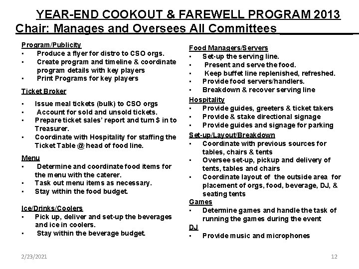 YEAR-END COOKOUT & FAREWELL PROGRAM 2013 Chair: Manages and Oversees All Committees ______ Program/Publicity