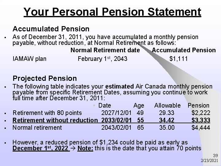 Your Personal Pension Statement Accumulated Pension § As of December 31, 2011, you have