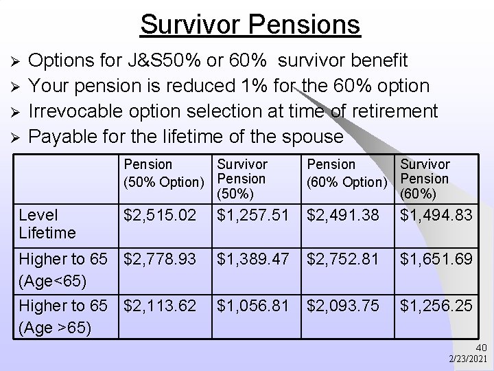Survivor Pensions Ø Ø Options for J&S 50% or 60% survivor benefit Your pension