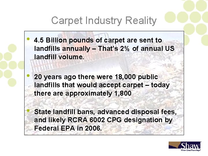Carpet Industry Reality • 4. 5 Billion pounds of carpet are sent to landfills