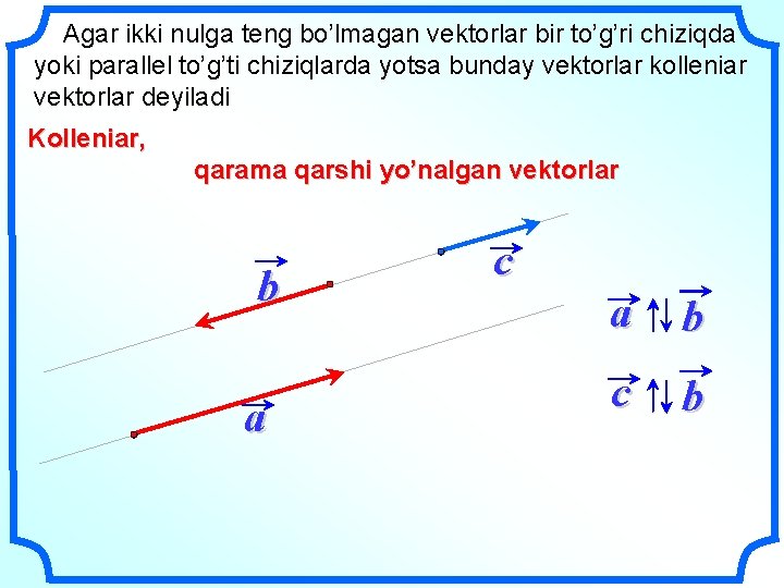 Agar ikki nulga teng bo’lmagan vektorlar bir to’g’ri chiziqda yoki parallel to’g’ti chiziqlarda yotsa