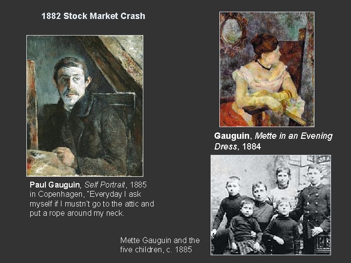 1882 Stock Market Crash Gauguin, Mette in an Evening Dress, 1884 Paul Gauguin, Self 1882 Stock Market Crash Gauguin, Mette in an Evening Dress, 1884 Paul Gauguin, Self