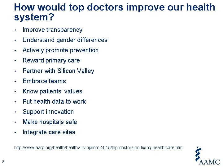 How would top doctors improve our health system? • Improve transparency • Understand gender