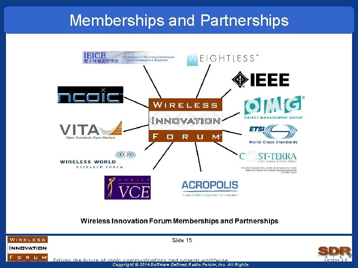 Memberships and Partnerships Slide 15 Copyright © 2014 Software Defined Radio Forum, Inc. All Memberships and Partnerships Slide 15 Copyright © 2014 Software Defined Radio Forum, Inc. All