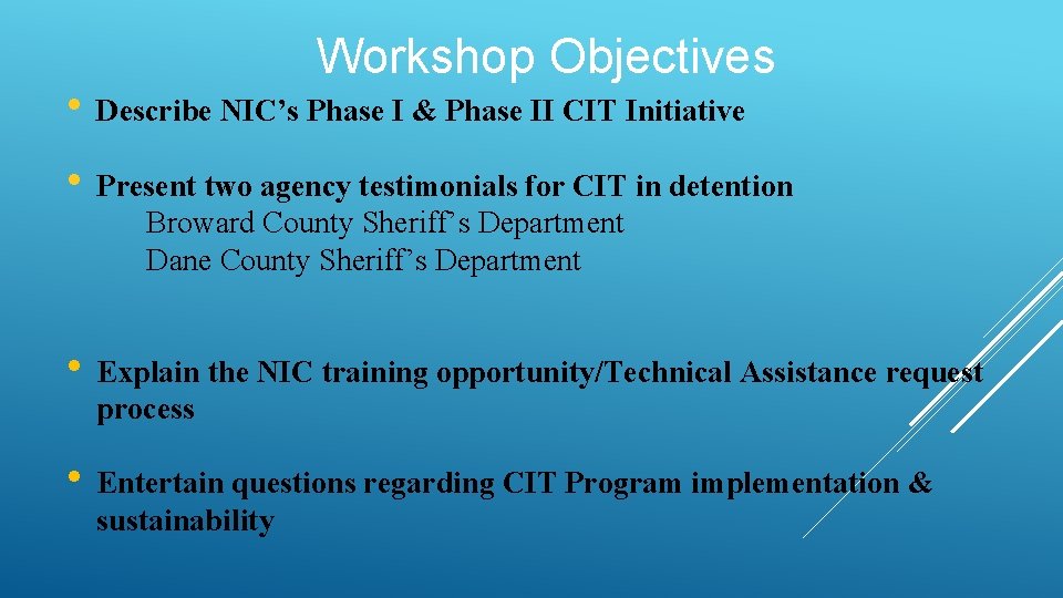 Workshop Objectives • Describe NIC’s Phase I & Phase II CIT Initiative • Present