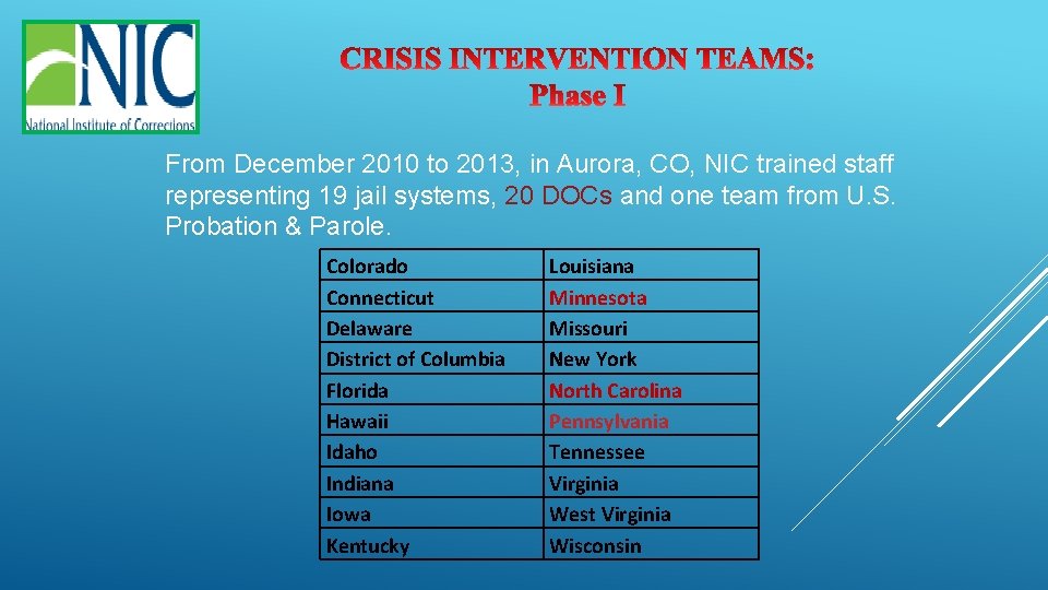 From December 2010 to 2013, in Aurora, CO, NIC trained staff representing 19 jail