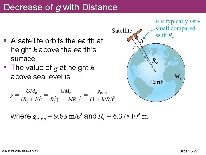 Decrease of g with Distance § A satellite orbits the earth at height h