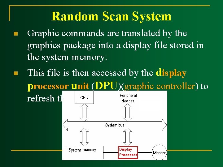 Random Scan System n n Graphic commands are translated by the graphics package into