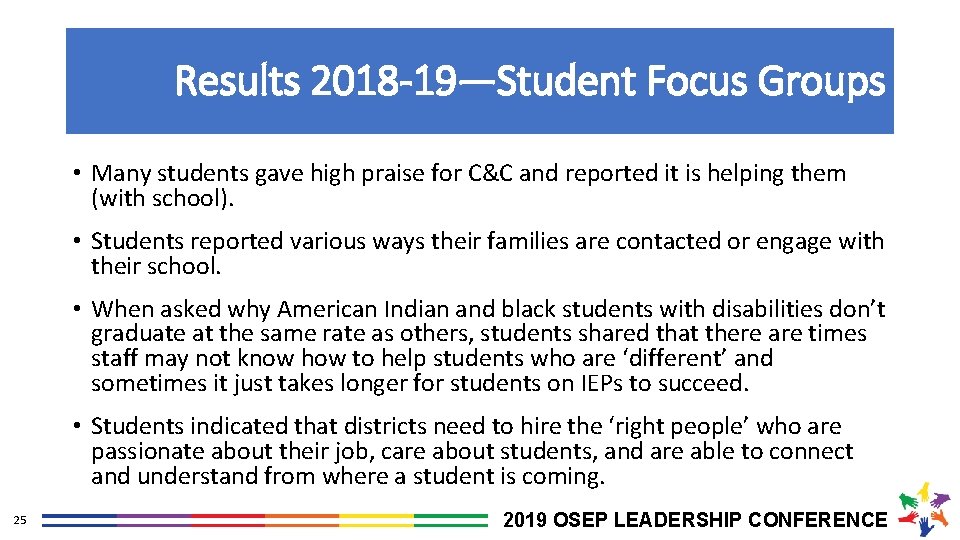Results 2018 -19—Student Focus Groups • Many students gave high praise for C&C and