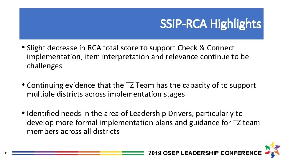 SSIP-RCA Highlights • Slight decrease in RCA total score to support Check & Connect