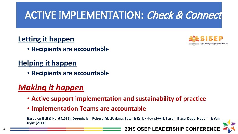 ACTIVE IMPLEMENTATION: Check & Connect Letting it happen • Recipients are accountable Helping it