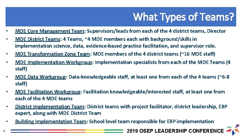 What Types of Teams? • • 9 MDE Core Management Team: Supervisors/leads from each