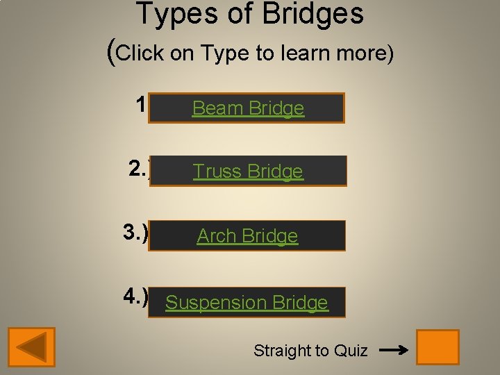 Types of Bridges (Click on Type to learn more) 1. ) Beam Bridge 2.