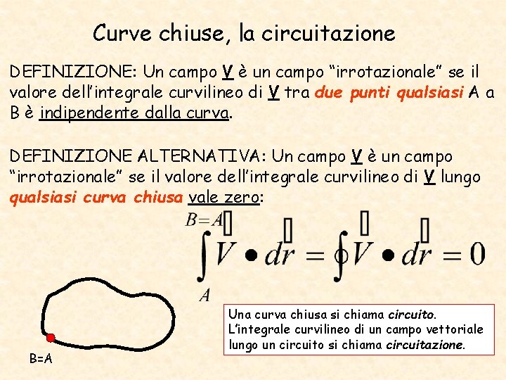 Curve chiuse, la circuitazione DEFINIZIONE: Un campo V è un campo “irrotazionale” se il