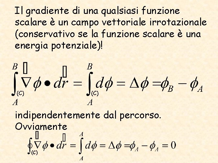 Il gradiente di una qualsiasi funzione scalare è un campo vettoriale irrotazionale (conservativo se