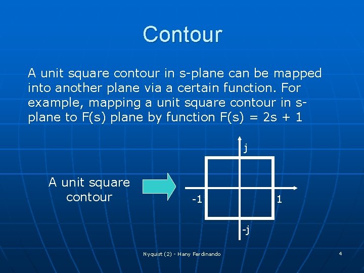 Contour A unit square contour in s-plane can be mapped into another plane via