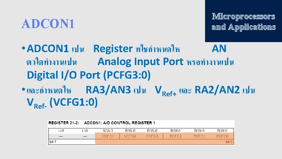 ADCON 1 Microprocessors and Applications • ADCON 1 เปน Register ทใชกำหนดให AN ตวใดทำงานเปน Analog