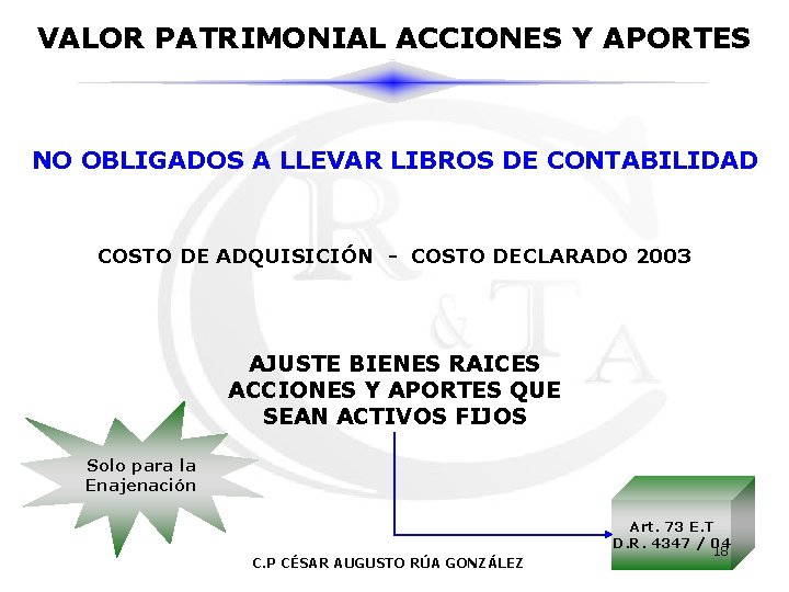 VALOR PATRIMONIAL ACCIONES Y APORTES NO OBLIGADOS A LLEVAR LIBROS DE CONTABILIDAD COSTO DE