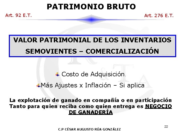 PATRIMONIO BRUTO Art. 92 E. T. Art. 276 E. T. VALOR PATRIMONIAL DE LOS