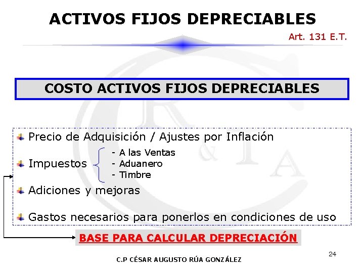 ACTIVOS FIJOS DEPRECIABLES Art. 131 E. T. COSTO ACTIVOS FIJOS DEPRECIABLES Precio de Adquisición