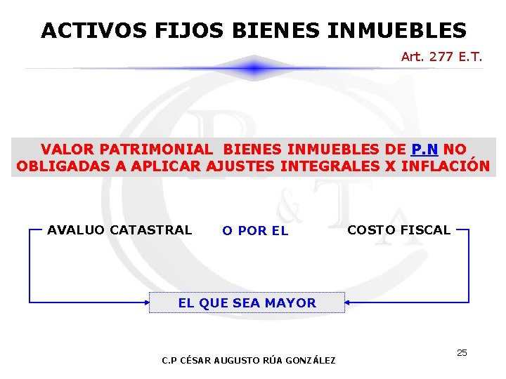 ACTIVOS FIJOS BIENES INMUEBLES Art. 277 E. T. VALOR PATRIMONIAL BIENES INMUEBLES DE P.