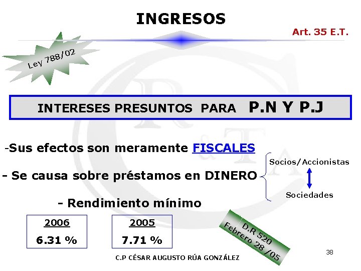 INGRESOS Art. 35 E. T. 02 / 788 y Le INTERESES PRESUNTOS PARA P.