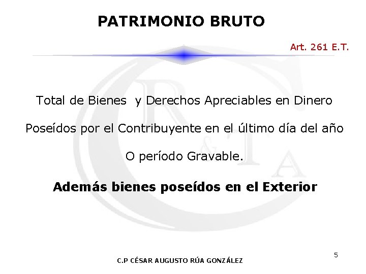 PATRIMONIO BRUTO Art. 261 E. T. Total de Bienes y Derechos Apreciables en Dinero