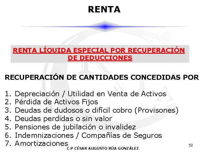 RENTA LÍQUIDA ESPECIAL POR RECUPERACIÓN DE DEDUCCIONES RECUPERACIÓN DE CANTIDADES CONCEDIDAS POR 1. 2.