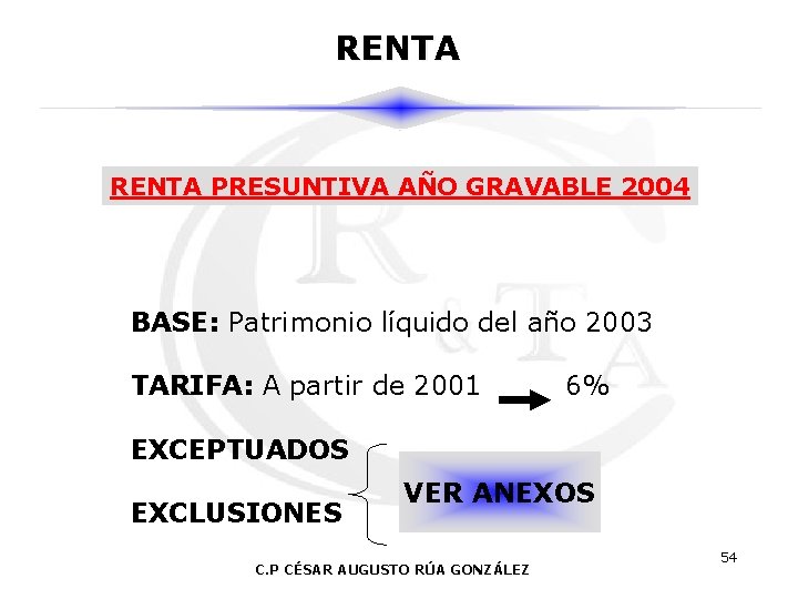 RENTA PRESUNTIVA AÑO GRAVABLE 2004 BASE: Patrimonio líquido del año 2003 TARIFA: A partir