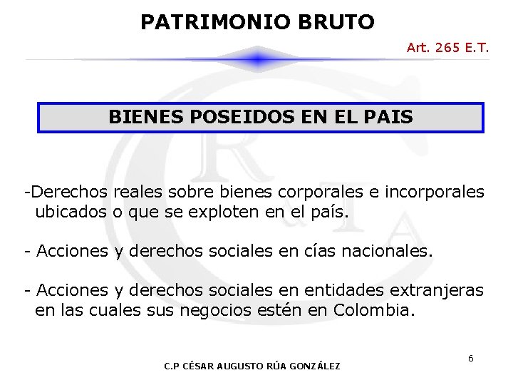 PATRIMONIO BRUTO Art. 265 E. T. BIENES POSEIDOS EN EL PAIS -Derechos reales sobre