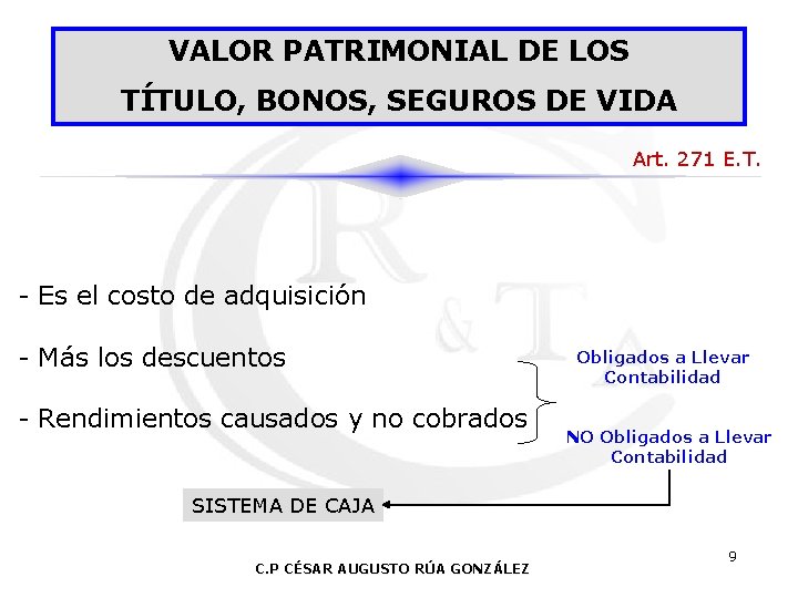 VALOR PATRIMONIAL DE LOS TÍTULO, BONOS, SEGUROS DE VIDA Art. 271 E. T. -