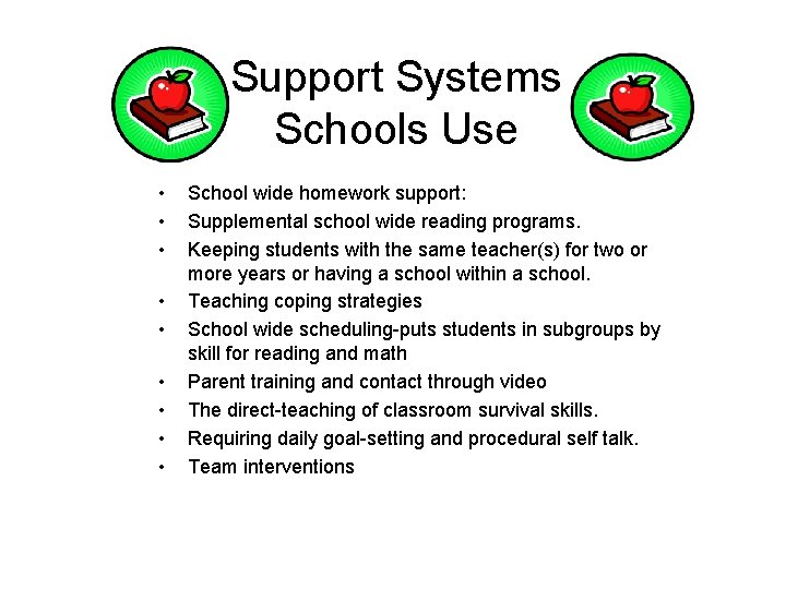 Support Systems Schools Use • • • School wide homework support: Supplemental school wide