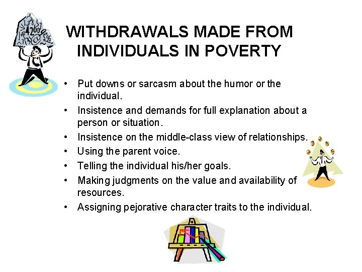 WITHDRAWALS MADE FROM INDIVIDUALS IN POVERTY • Put downs or sarcasm about the humor