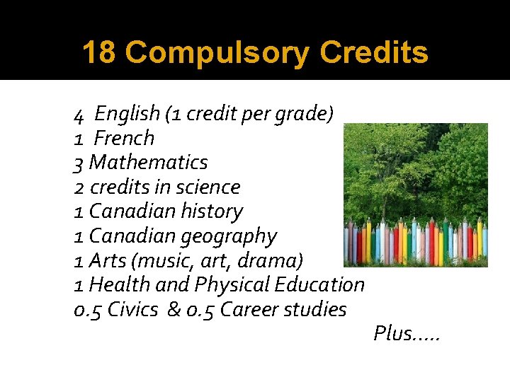 18 Compulsory Credits 4 English (1 credit per grade) 1 French 3 Mathematics 2