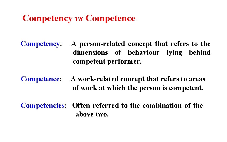 Competency vs Competence Competency: A person-related concept that refers to the dimensions of behaviour