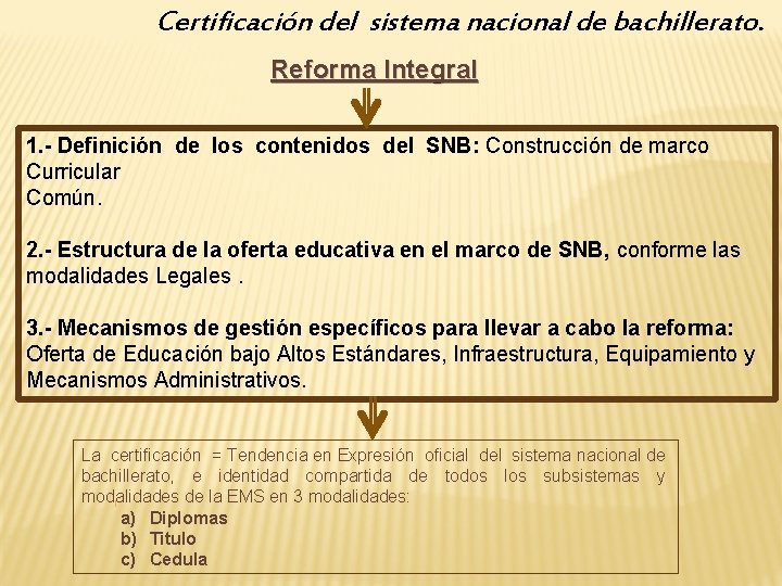 Certificación del sistema nacional de bachillerato. Reforma Integral 1. - Definición de los contenidos