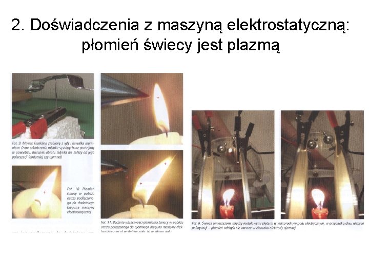 2. Doświadczenia z maszyną elektrostatyczną: płomień świecy jest plazmą 