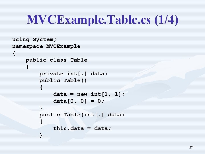 MVCExample. Table. cs (1/4) using System; namespace MVCExample { public class Table { private