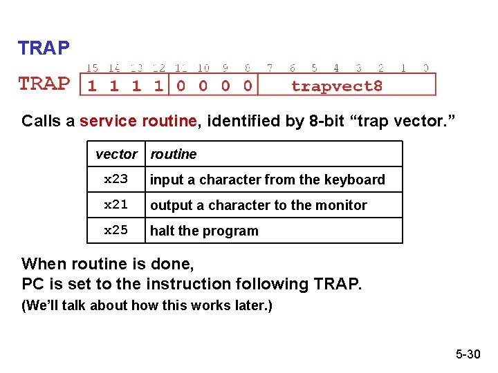 TRAP Calls a service routine, identified by 8 -bit “trap vector. ” vector routine