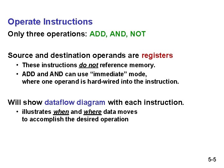 Operate Instructions Only three operations: ADD, AND, NOT Source and destination operands are registers