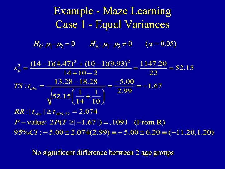 Example - Maze Learning Case 1 - Equal Variances H 0: m 1 -m
