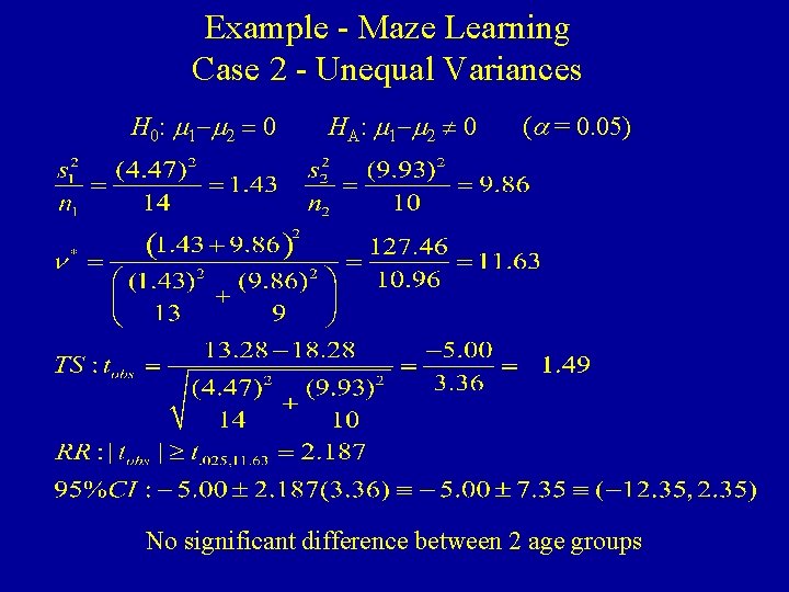 Example - Maze Learning Case 2 - Unequal Variances H 0: m 1 -m