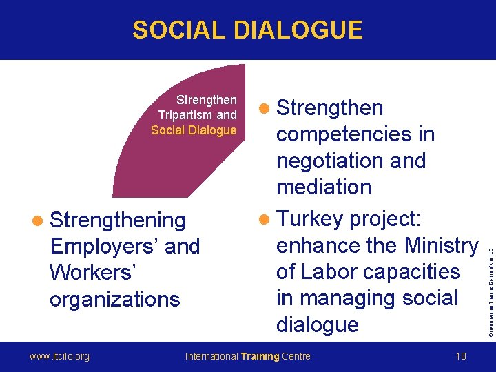 SOCIAL DIALOGUE Text l Strengthening Employers’ and Workers’ organizations www. itcilo. org l Strengthen