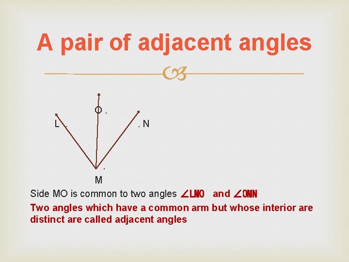 A pair of adjacent angles O. L. . N . M Side MO is