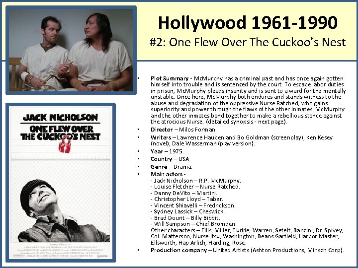 Hollywood 1961 -1990 #2: One Flew Over The Cuckoo’s Nest • • Plot Summary