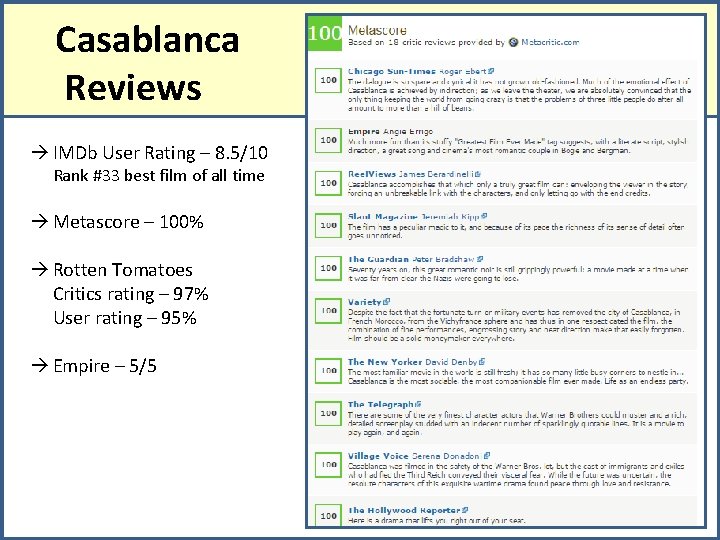 Casablanca Reviews à IMDb User Rating – 8. 5/10 Rank #33 best film of